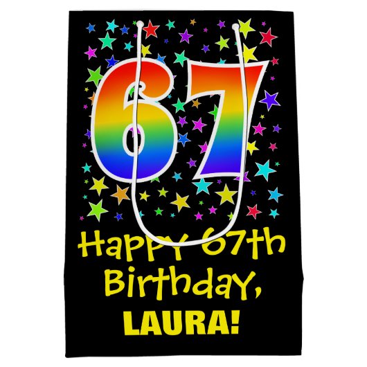 67誕生日:カラフルスターズパターン&レインボー67 ミディアムペーパーバッグ (裏面)