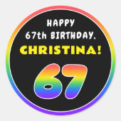 67誕生日:カラフルレインボー# 67,名前をカスタムする ラウンドシール (正面)