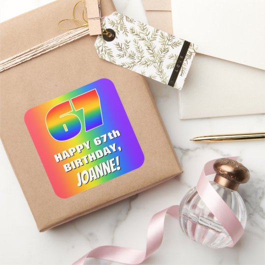 67誕生日: カラフル、おもしろいレインボーパターン# 67 スクエアシール (ギフト)