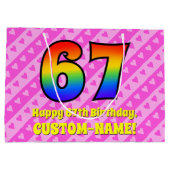 67誕生日：ピンクストライプのハート、レインボー# 67 ラージペーパーバッグ (裏面)