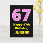 67誕生日:ピンクストライプ色のハートと"67" +名前 カード (黄色い花)