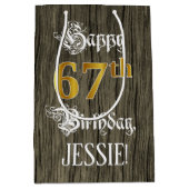 67誕生日:フェイク金ゴールドルック&ウッドフェイクパターン ミディアムペーパーバッグ (正面)