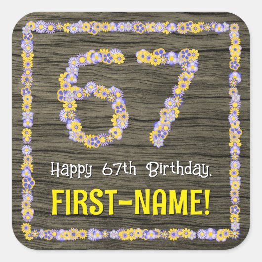 67誕生日:フローラ番号フェイク、木目、名前 スクエアシール (正面)