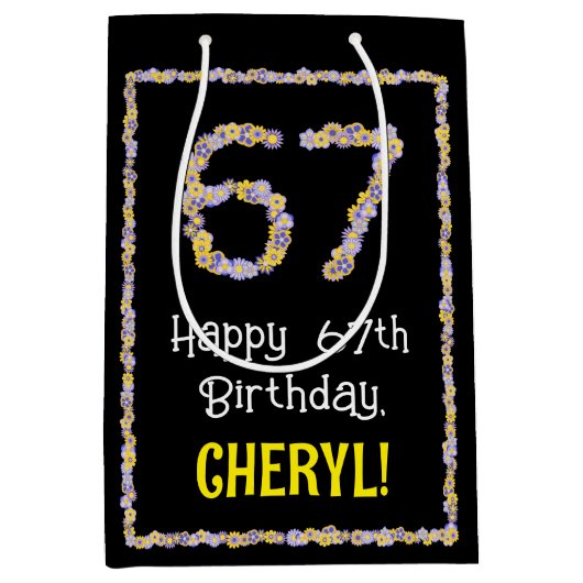 67誕生日:フローラ花数名前をカスタムする ミディアムペーパーバッグ (正面)