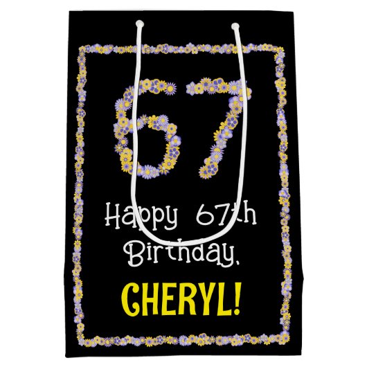 67誕生日:フローラ花数名前をカスタムする ミディアムペーパーバッグ (裏面)