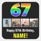 67誕生日：レインボー「67」、写真カスタムと名前 スクエアシール (正面)