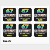 67誕生日：レインボー「67」、写真カスタムと名前 スクエアシール (シート)