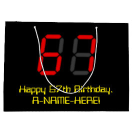 67誕生日：レッドデジタルクロックスタイル"67" +名前 ラージペーパーバッグ
