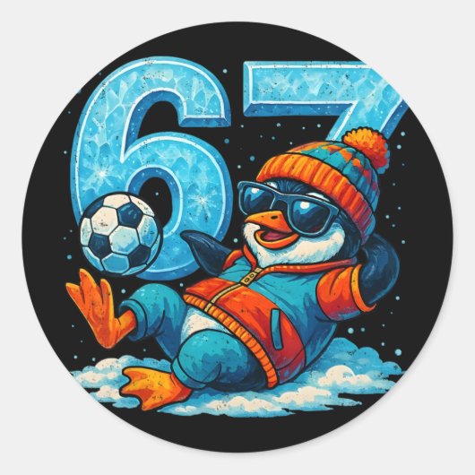 67 ペンギン サッカー おもしろ 冬の贈り物 ラウンドシール (正面)