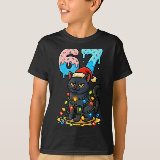 67 Black Cat Santa Hat Christmas Lights Drip For G Tシャツ (正面)