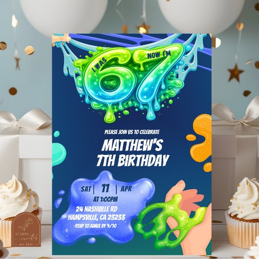 67 Boy Neon Blue Green Slime Birthday Invitation 招待状