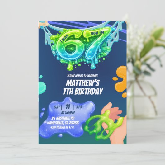 67 Boy Neon Blue Green Slime Birthday Invitation 招待状 (スタンド正面)