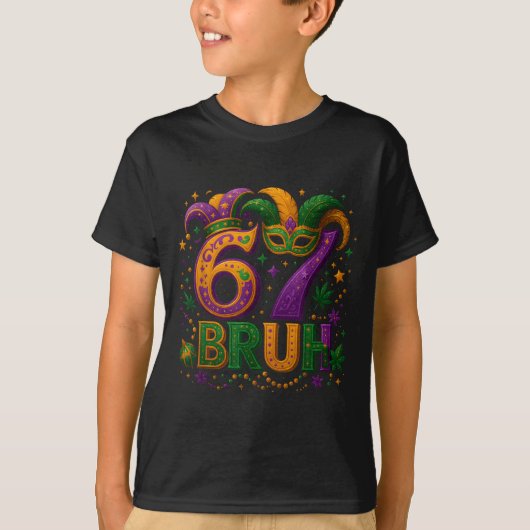67 Bruh Funny Mardi Gras Mask Beads Costume Design Tシャツ (正面)