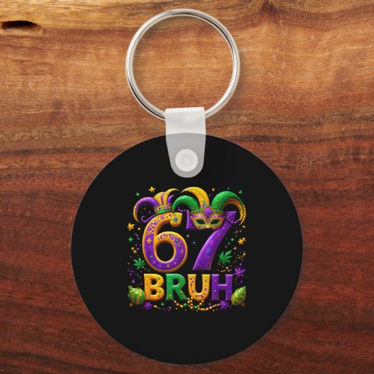 67 Bruh Jester Hat Feather Mask Mardi Gras Fleur D キーホルダー (正面)
