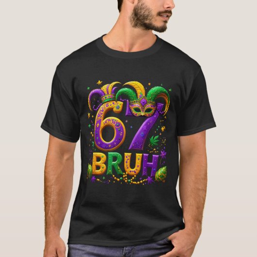 67 Bruh Jester Hat Feather Mask Mardi Gras Fleur D Tシャツ (正面)