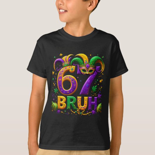 67 Bruh Jester Hat Feather Mask Mardi Gras Fleur D Tシャツ (正面)