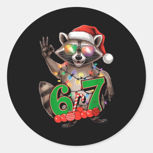 67 Christmas Funny Raccoon Festive 6-7 Meme Boys G ラウンドシール (正面)