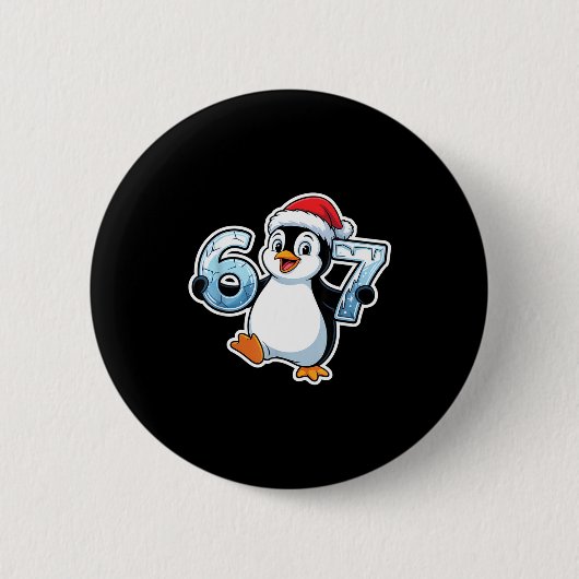 67 Christmas Penguin Santa Hat Birthday Holiday  缶バッジ (正面)