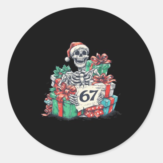 67 Christmas Skeleton Xmas Santa Hat Six Seven Fun ラウンドシール (正面)