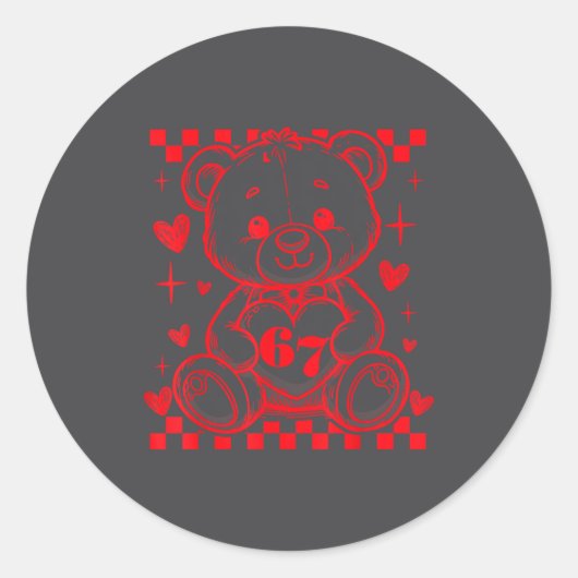 67 Cute Heart Teddy Bear Valentine's Day Six Seven ラウンドシール (正面)