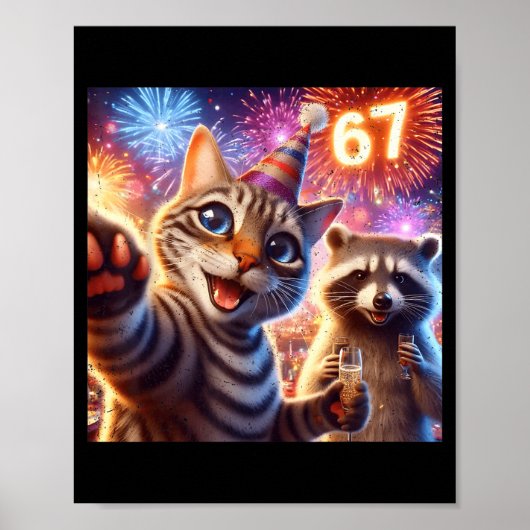 67 Meme Cat Raccoon New Year Selfie Funny Birthday ポスター (正面)