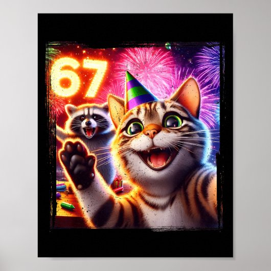 67 Meme Cat Raccoon New Year Selfie Funny Birthday ポスター (正面)