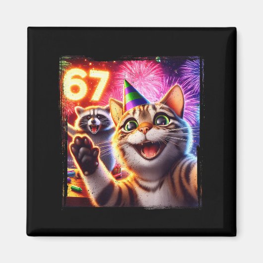67 Meme Cat Raccoon New Year Selfie Funny Birthday マグネット (正面)