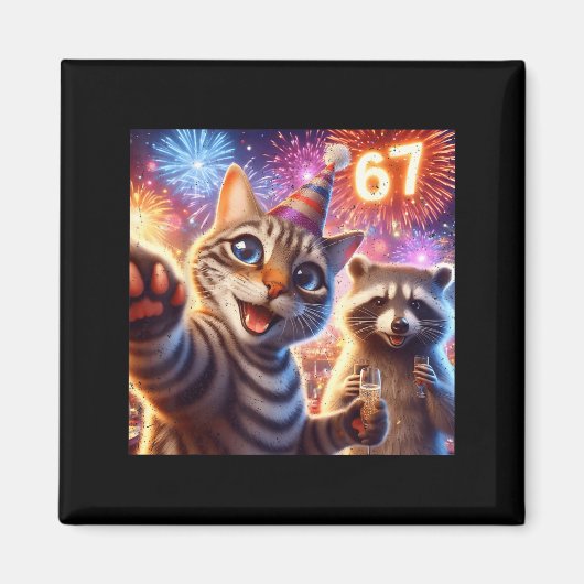 67 Meme Cat Raccoon New Year Selfie Funny Birthday マグネット (正面)