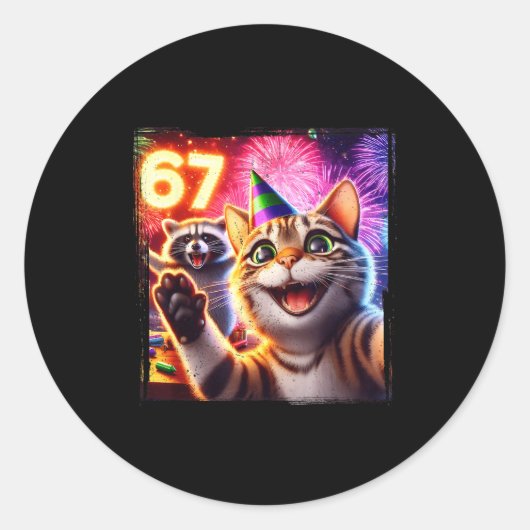 67 Meme Cat Raccoon New Year Selfie Funny Birthday ラウンドシール (正面)