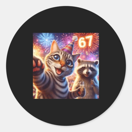 67 Meme Cat Raccoon New Year Selfie Funny Birthday ラウンドシール (正面)