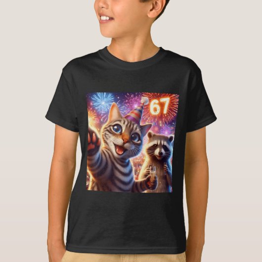 67 Meme Cat Raccoon New Year Selfie Funny Birthday Tシャツ (正面)