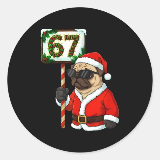 67 Meme Funny Six Seven Christmas Pug Dog Lover  ラウンドシール (正面)