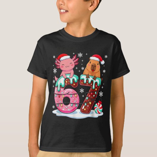 67 Meme Kawaii Axolotl Capybara Christmas Ice Crea Tシャツ (正面)