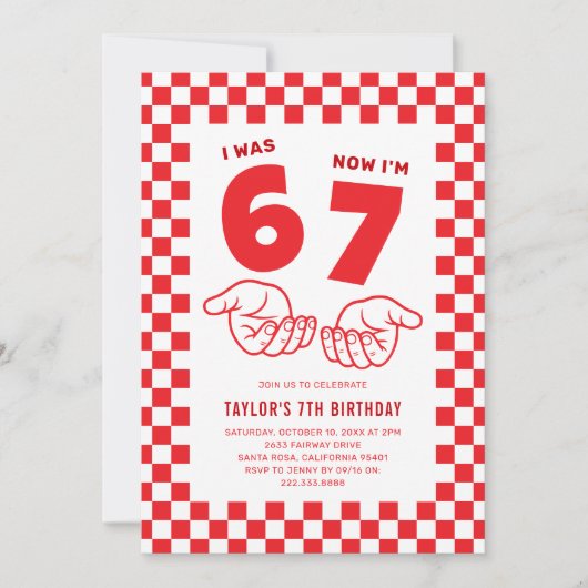 67 Meme Trend Red Kids 7th Birthday Party 招待状 (正面)