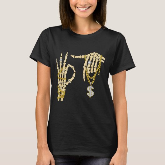 67 Six Seven メモ おもしろ スケルトン 手 きらきら チャイ Tシャツ (正面)