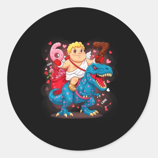 67 Valentines Day T-rex Meme Funny Cupid Six Seven ラウンドシール (正面)