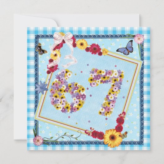 67th誕生日パーティー招待の花、蝶 招待状 (正面)