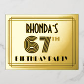 67th誕生日パーティー～アールデコスタイル「67」 +名前 箔招待状ポストカード (正面)