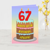 67th Birthday — Fun Cake & Candles, w/ Custom Name カード (黄色い花)