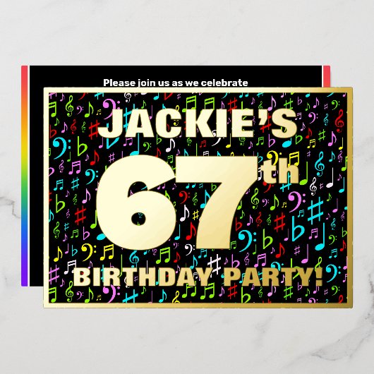 67th Birthday Party —おもしろい、音楽カラフル記号 箔招待状 (正面/裏面)
