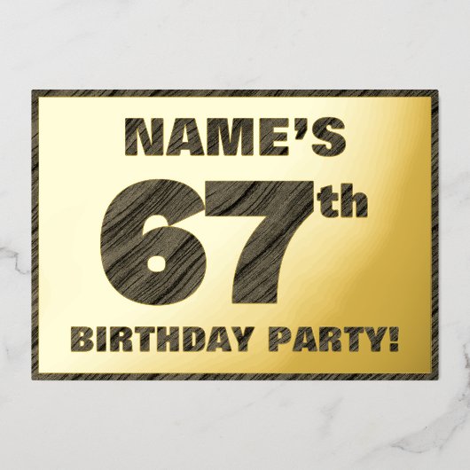 67th Birthday Party — はっきりしたWood Grainフェイク文字 箔招待状 (正面)