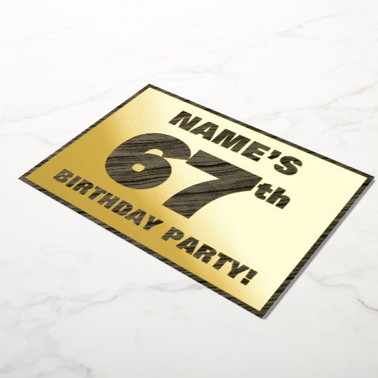 67th Birthday Party — はっきりしたWood Grainフェイク文字 箔招待状 (回転した状態)