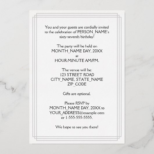 67th Birthday Party – スクリプファンシートと名前をカスタムする 箔招待状 (裏面)