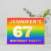 67th Birthday Party: Fun, Colorful Rainbow Pattern 箔招待状 (立ち正面)