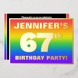 67th Birthday Party: Fun, Colorful Rainbow Pattern 箔招待状