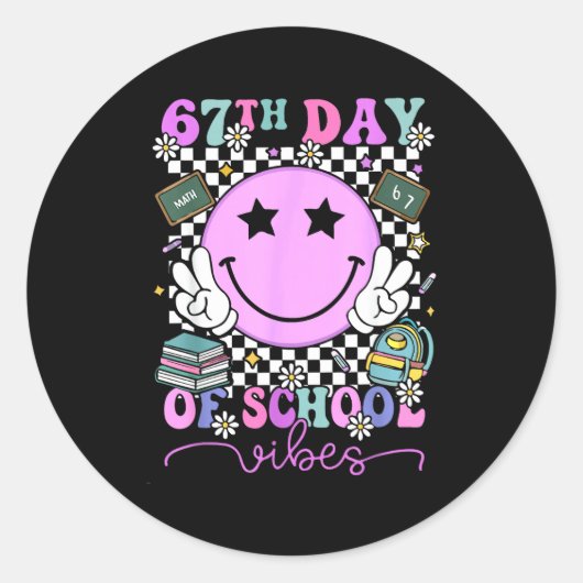 67th Day Of School Vibes Groovy Retro 100 Days Of ラウンドシール (正面)