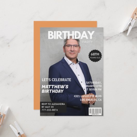 68モダン歳の誕生日の雑誌表紙 招待状 (正面/裏面インサイチュ)
