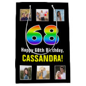68歳の誕生日お祝い: レインボー “68“、カスタム写真と名前 ミディアムペーパーバッグ (正面)