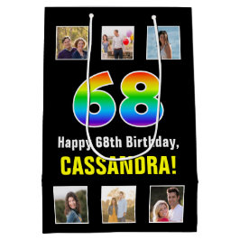 68歳の誕生日お祝い: レインボー “68“、カスタム写真と名前 ミディアムペーパーバッグ