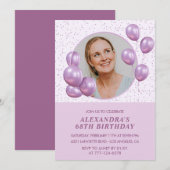 68歳の誕生日招待状 フォト パープル風船 招待状 (正面/裏面)